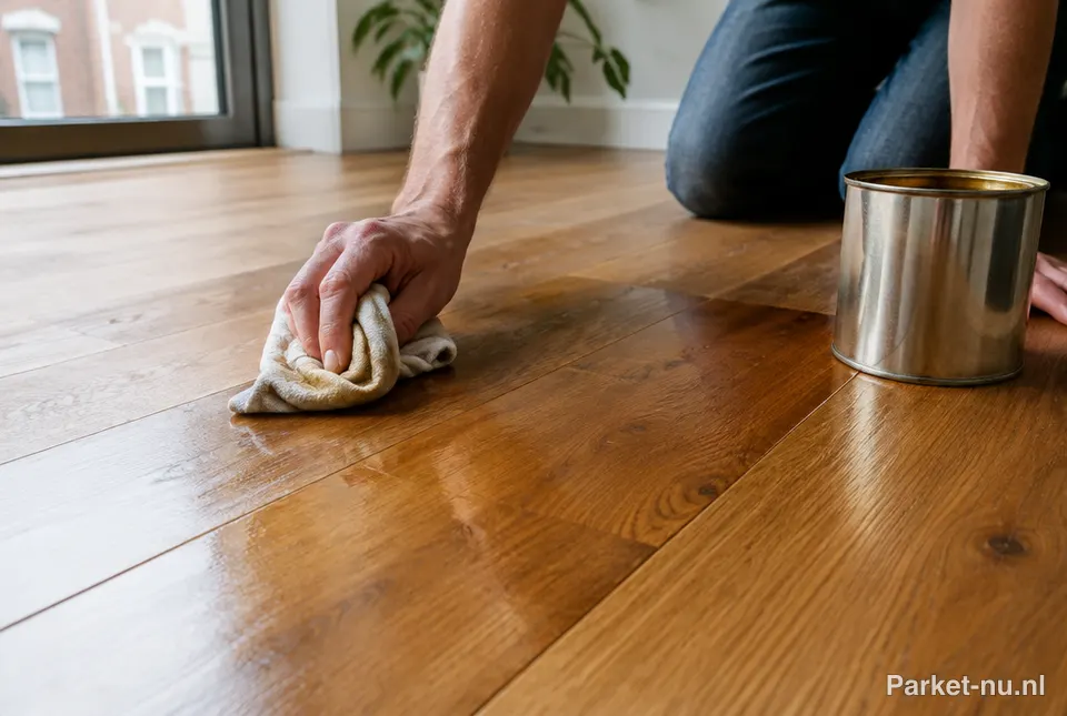 Geoliede eiken parketvloer wordt met een doek bijgewerkt met onderhoudsolie