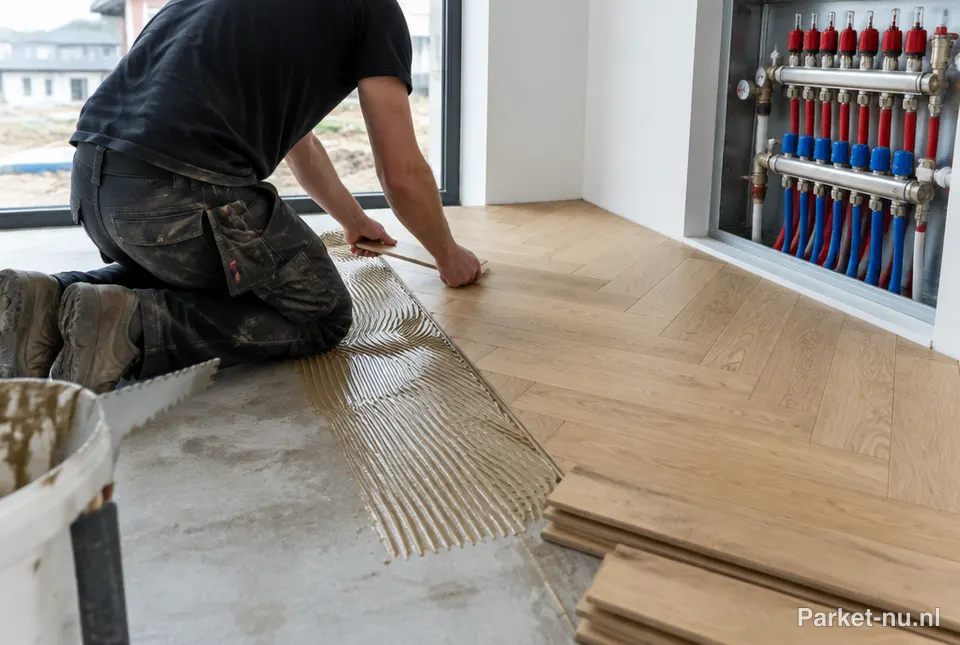 Parketvloer wordt gelegd op een vloer met vloerverwarming