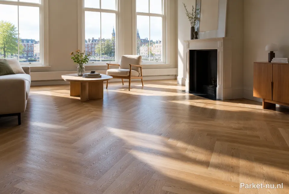 Eiken visgraatvloer in een lichte woonkamer